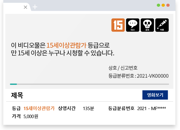 이 영상물은 15세이상관람가 등급으로 만15세 이상은 누구나 시청할 수 있습니다. 15세이상관람가 비디오물 정보통신망 확인방법 이미지