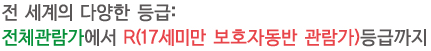 전 세계의 다양한 등급: 전체관람가에서 R(17세미만 보호자동반 관람가)등급까지